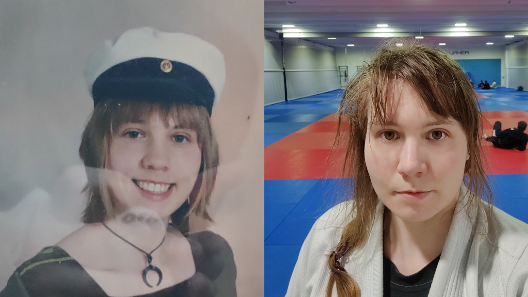 The narrator in two different pictures, side-to-side. On the left, S is seventeen, dressed in a dress a wearing the white cap Finnish students wear when they finish generalist secondary school. On the right, S is thirty-four and in the gym,wearing a gi.